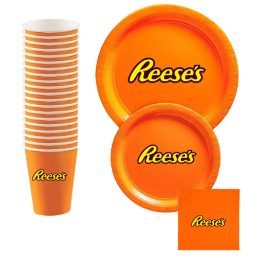 Candy Name Birthday Party Dinnerware, Bright Orange Party Plates, 60 Piece Set